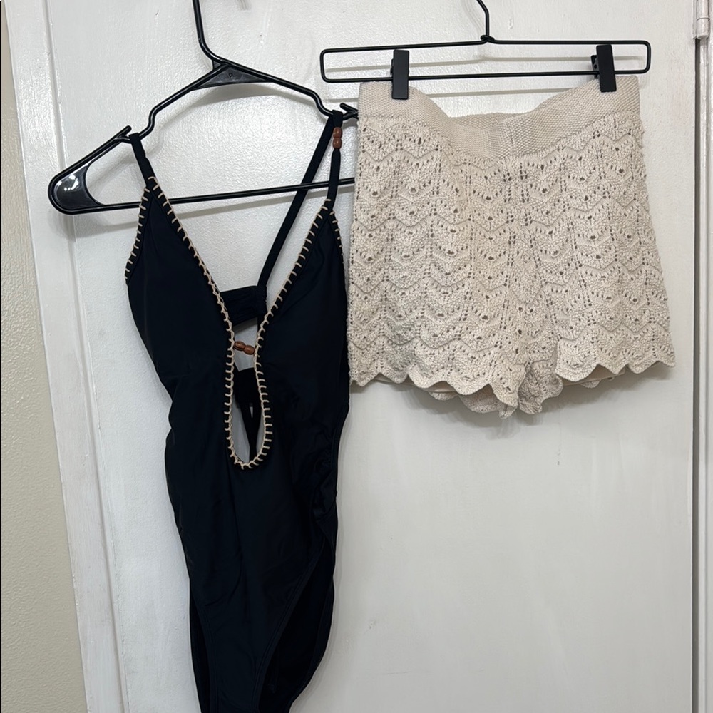 Black Swimsuit and Cream Crochet Shorts Set